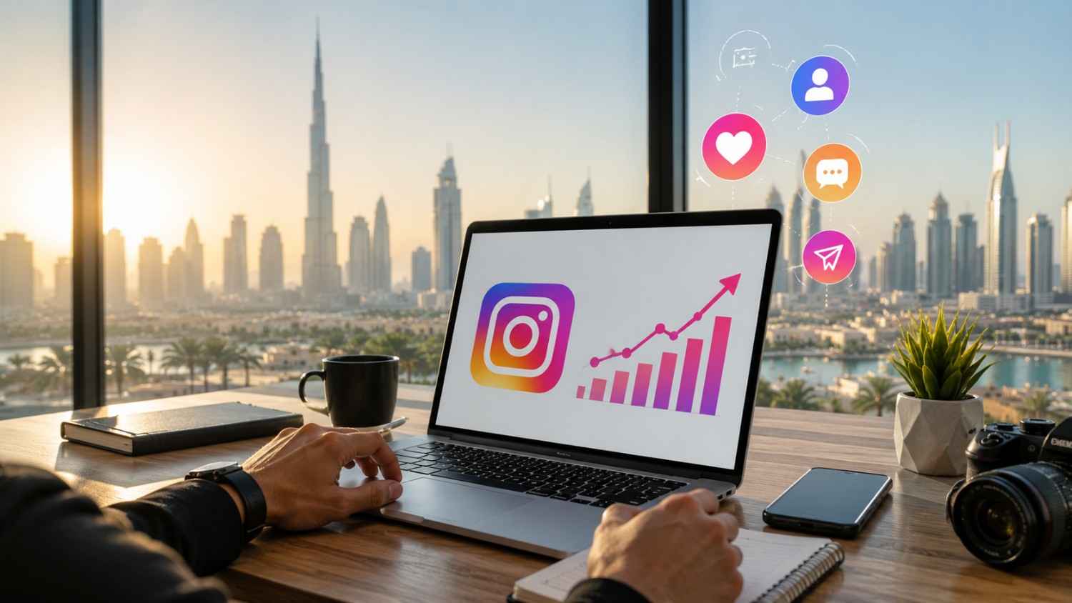 Dubai Instagram marketing agency workspace with Instagram analytics on a laptop and the Dubai skyline in the background.