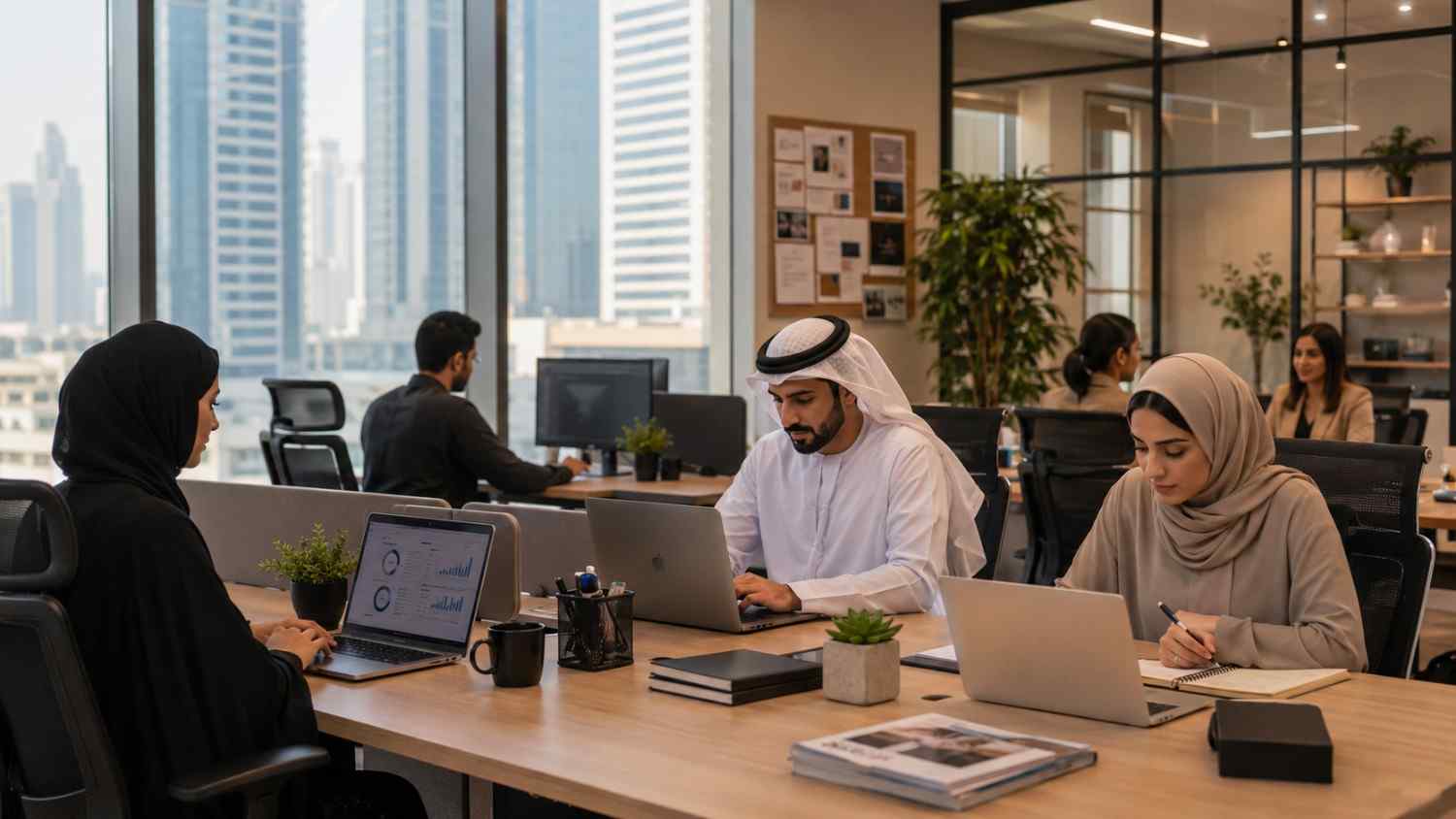 Modern Dubai digital marketing agency office with diverse professionals working on laptops in a bright coworking space.