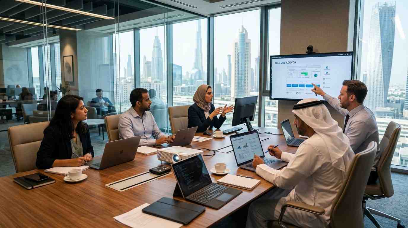 A diverse team of professionals in a modern Dubai high-rise boardroom holding a strategic planning meeting focused on selecting web development and technical services, with large windows overlooking t