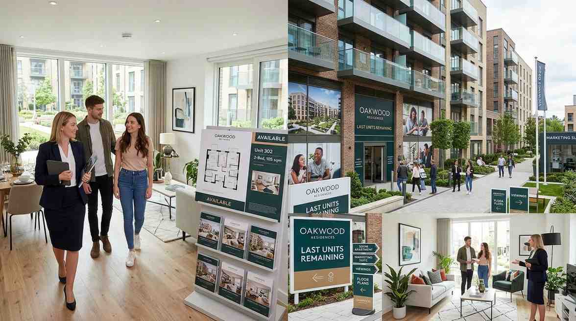 Prospective buyers touring a bright, furnished apartment with a real estate agent alongside marketing displays, floor plans, and outdoor directional signage at a modern development.