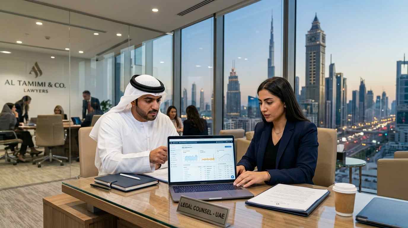 A UAE lawyer in traditional attire discussing digital analytics and SEO performance with a legal consultant in a modern high-rise office overlooking Dubai.