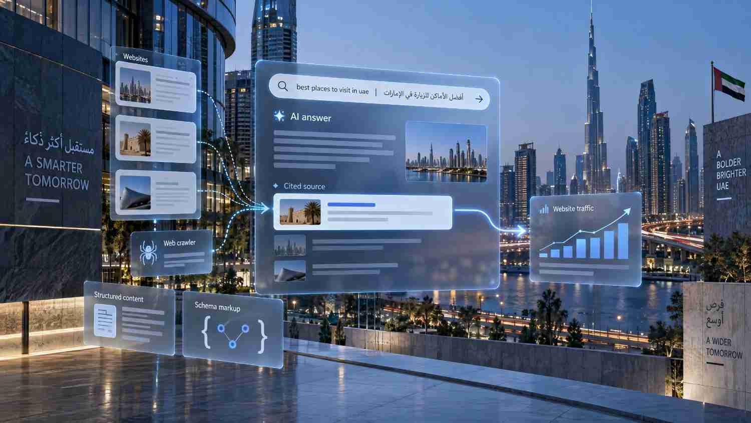 A futuristic transparent holographic display overlaid against the Dubai skyline at twilight, illustrating AI search results, cited website sources, structured content data flow, and website traffic an