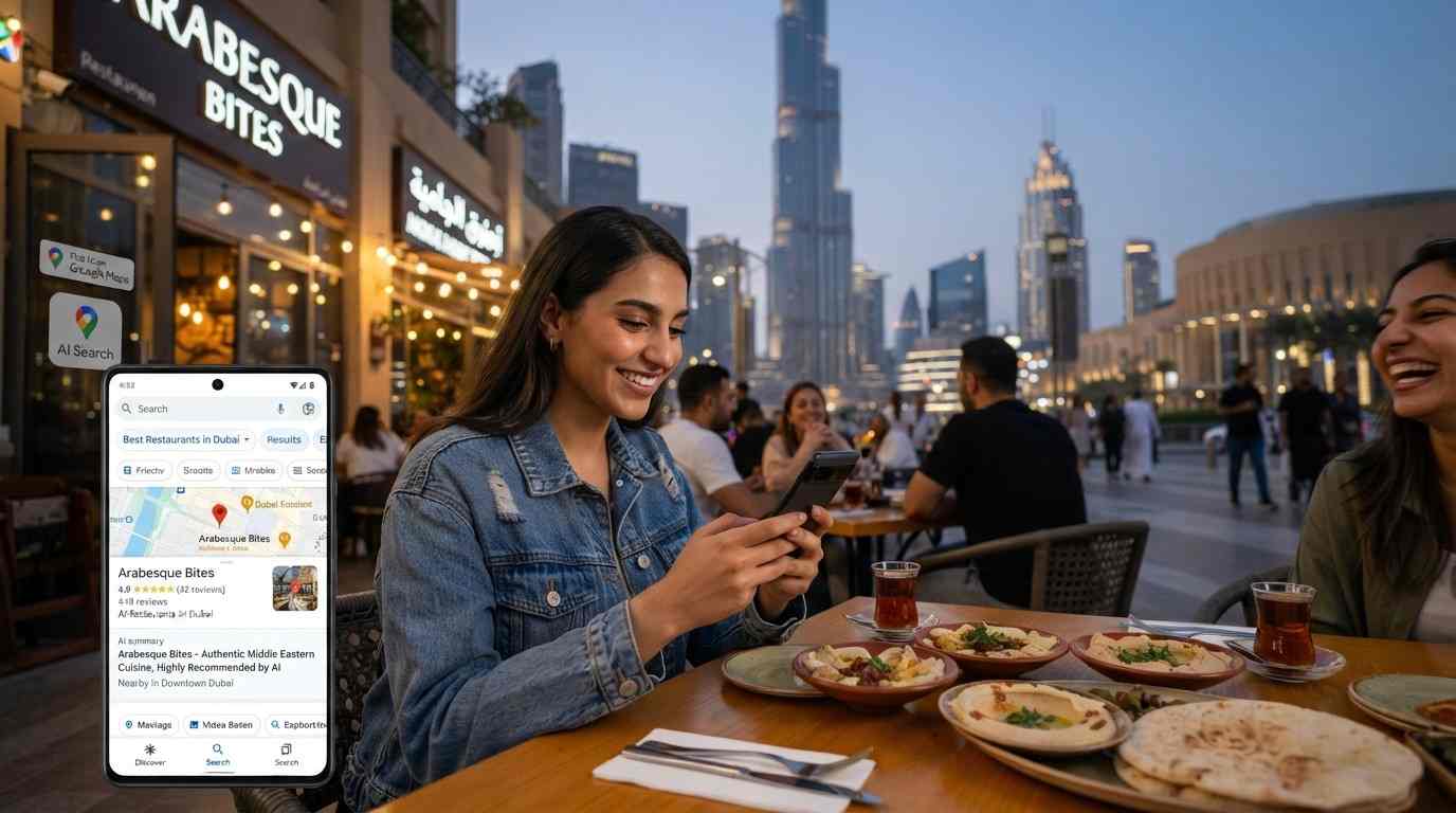 A customer at a vibrant outdoor restaurant in Dubai using a smartphone to search for local dining options via an AI search platform, with modern city architecture in the background.