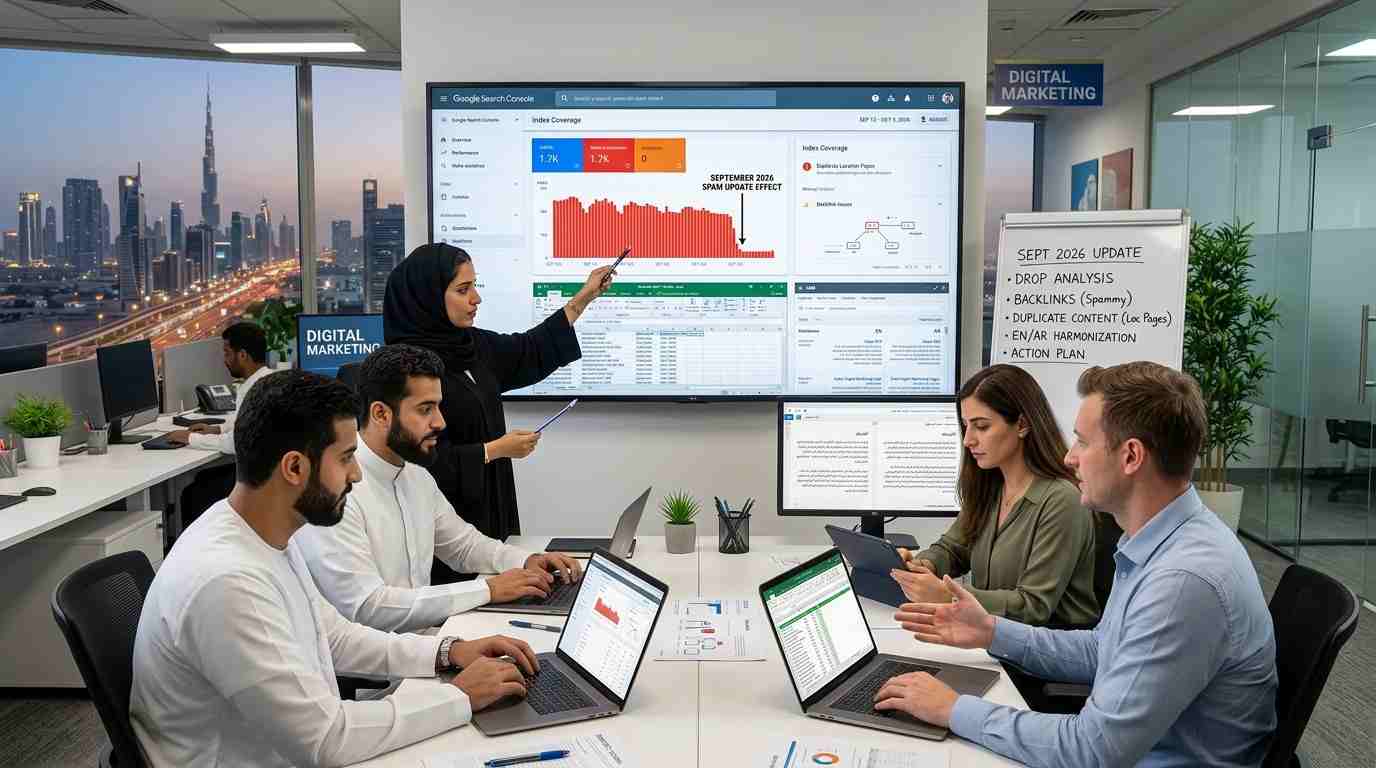 A diverse SEO team in a Dubai office reviewing Google Search Console performance charts, bilingual Arabic and English website data, and backlink metrics on a large screen following a Google search upd