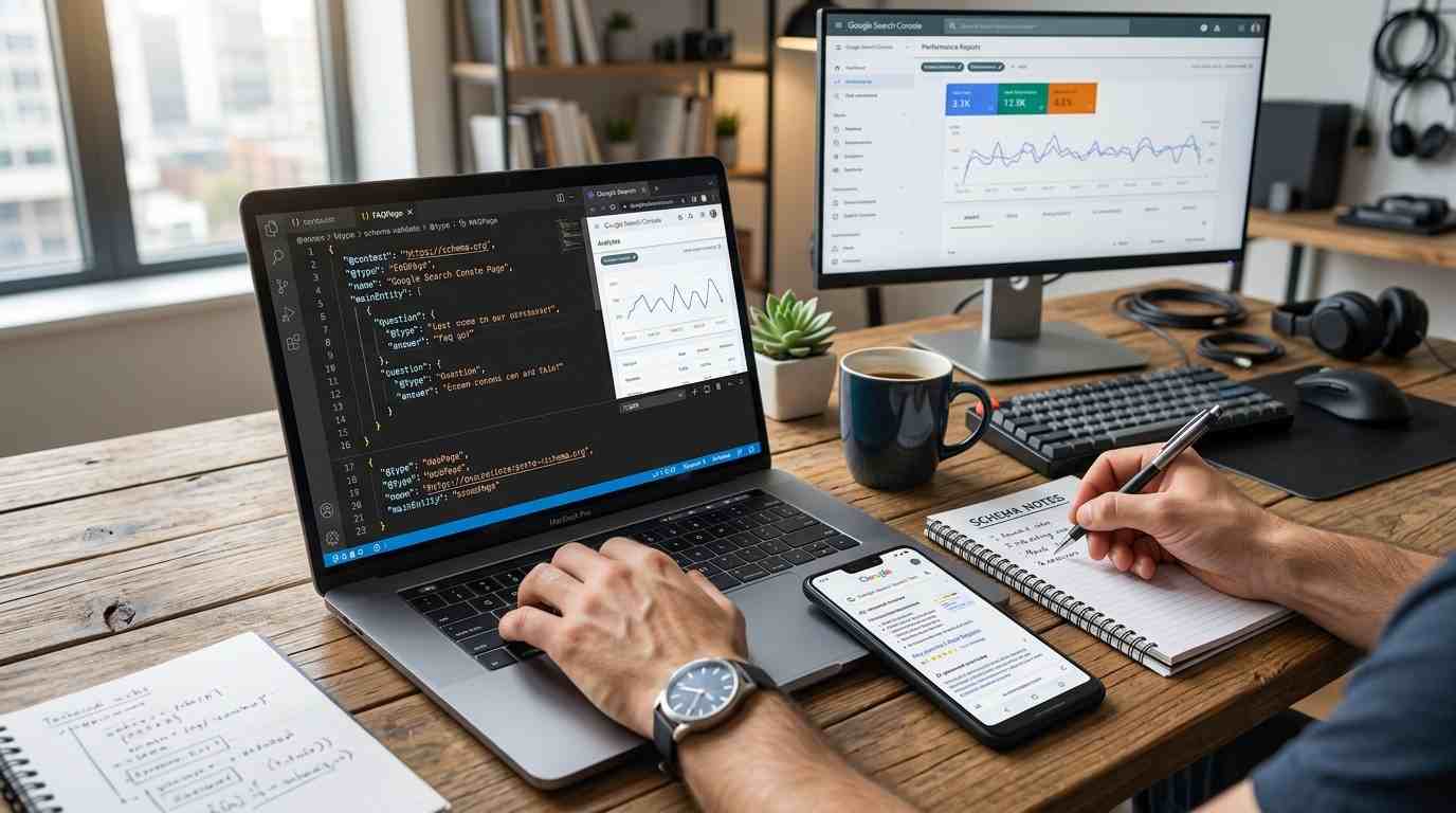 A high-angle shot of a developer's wooden desk featuring a laptop displaying clean structured JSON-LD code next to a monitor with analytics graphs and a smartphone showing search results.