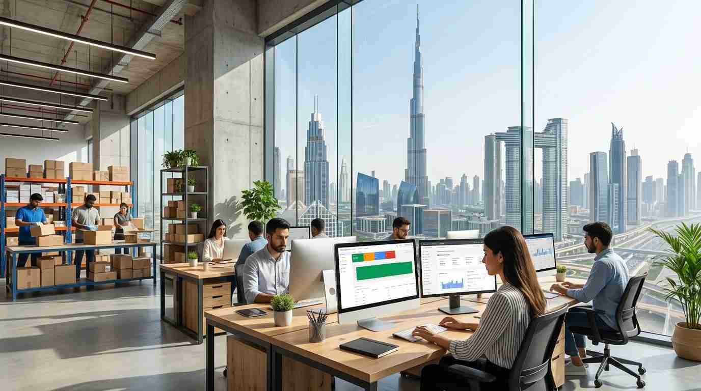 A team working on e-commerce analytics and product feeds in a modern Dubai office overlooking the skyline.