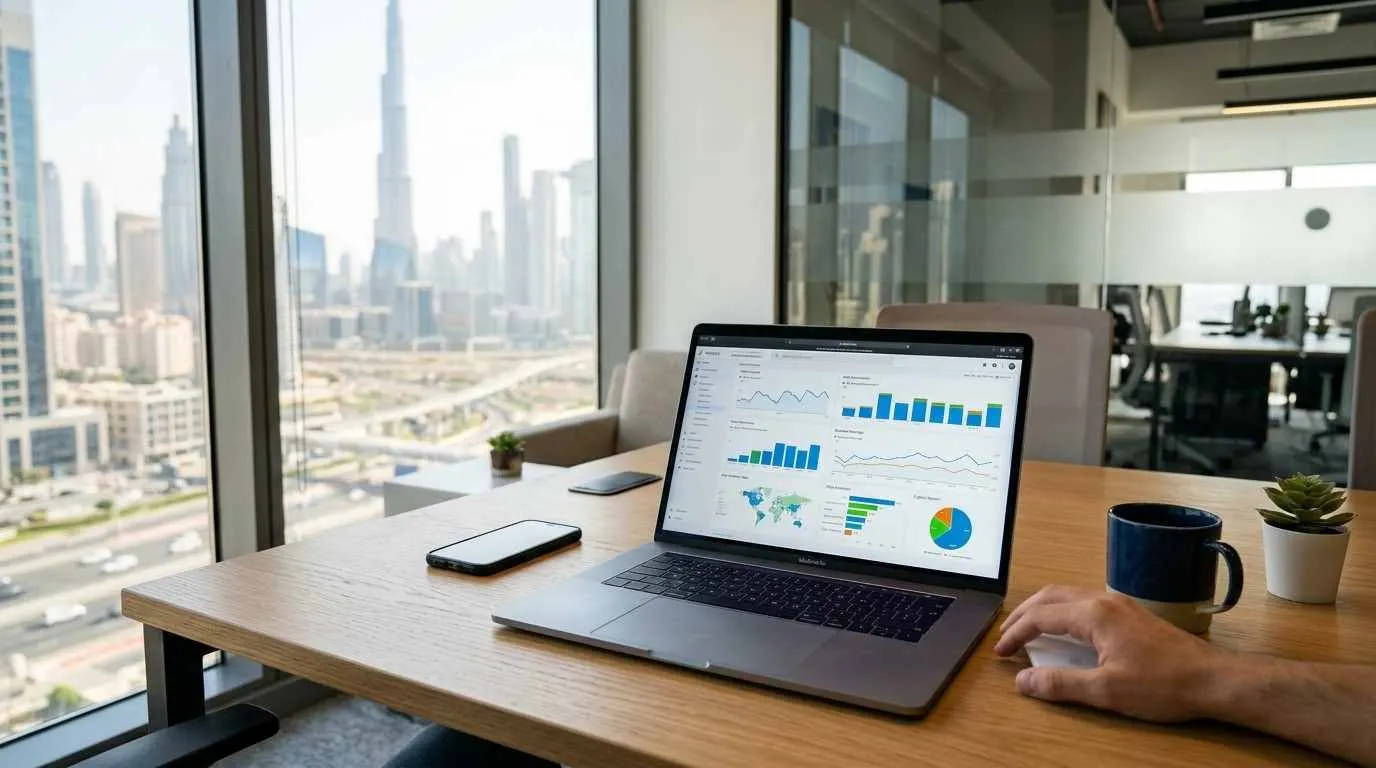 Laptop screen displaying SEO performance analytics inside a Dubai high-rise office overlooking the skyline.