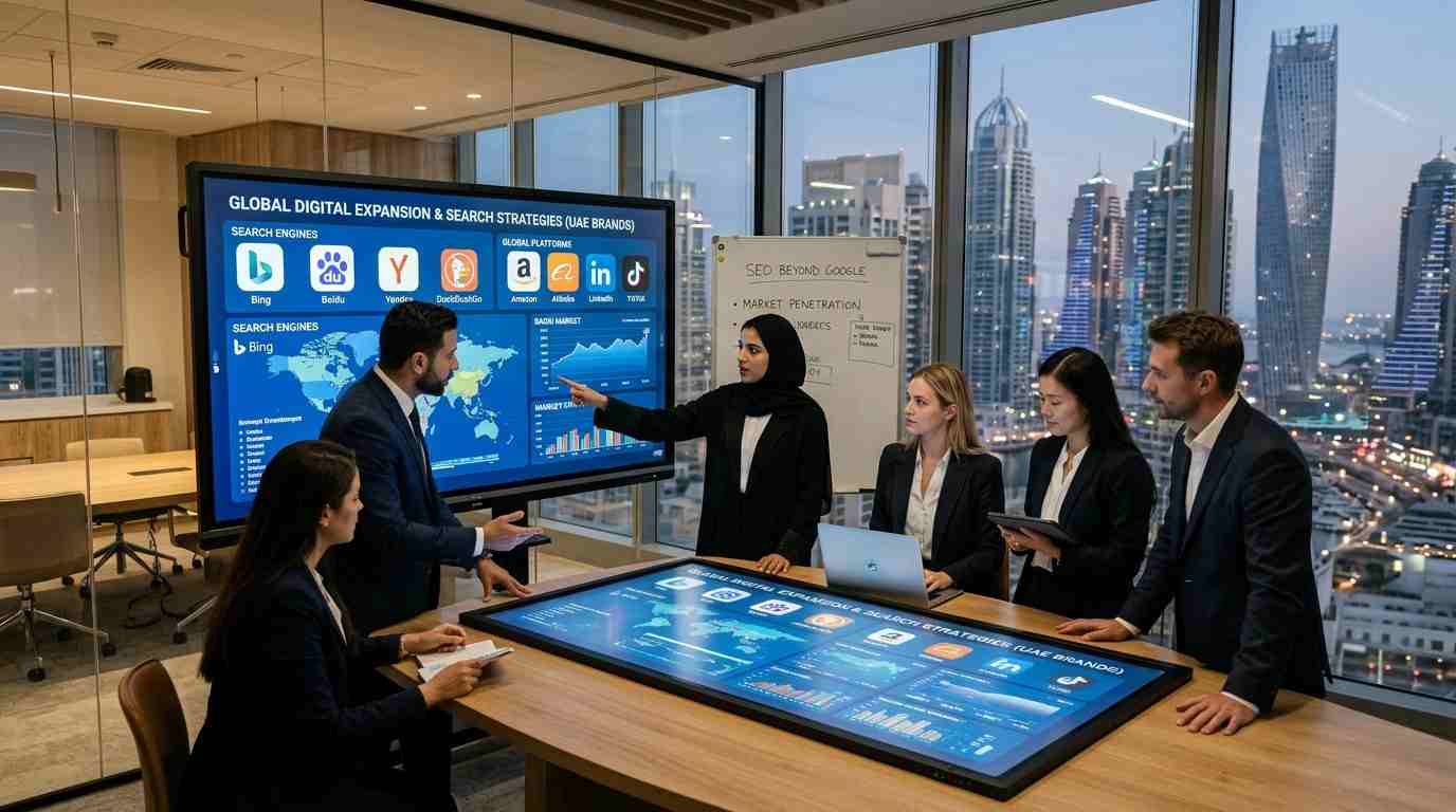 Business professionals in a modern Dubai office collaborating around a digital display and interactive touchscreen showing search engine analytics, global platforms, and data charts.