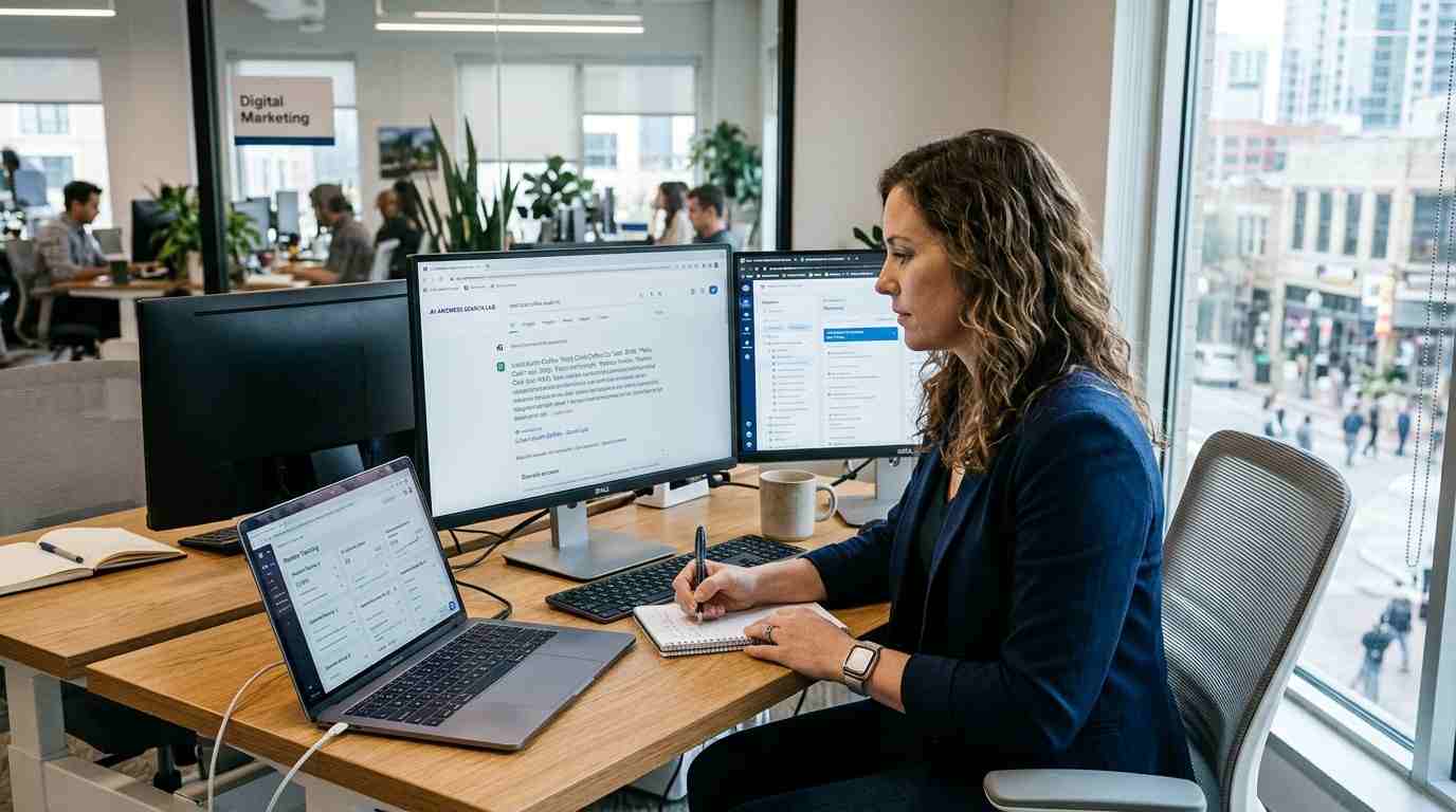 A digital marketing professional reviewing search and AI-generated answer analytics on multiple monitors in a modern office.